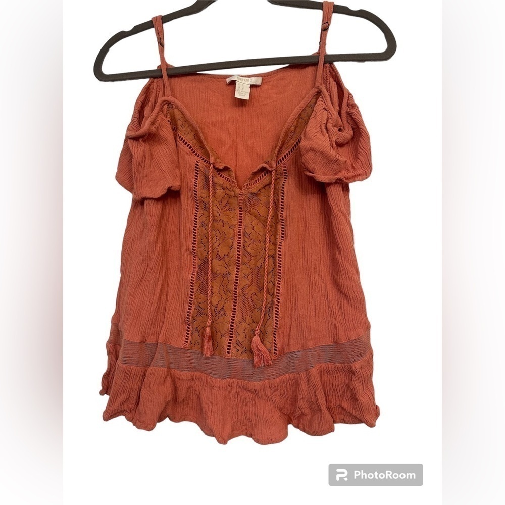 Forever 21 Orange Cold Shoulder Crochet Lace Tassel Boho‎ Peasant Top M